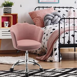 Giantex Kids Desk Chair, Comfy Home Office Task Chair with Wheels, Upholstered Velvet Seashell Back Vanity Chair, Cute Modern Computer Chair for Girls, Adjustable Swivel Rolling Arm Chair, Pink