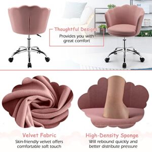 Giantex Kids Desk Chair, Comfy Home Office Task Chair with Wheels, Upholstered Velvet Seashell Back Vanity Chair, Cute Modern Computer Chair for Girls, Adjustable Swivel Rolling Arm Chair, Pink