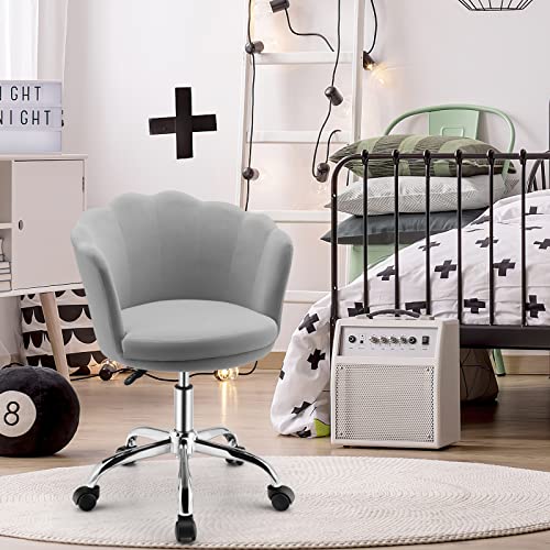 Giantex Kids Desk Chair, Comfy Home Office Task Chair with Wheels, Upholstered Velvet Seashell Back Vanity Chair, Cute Modern Computer Chair for Girls, Adjustable Swivel Rolling Arm Chair, Grey