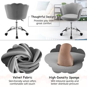 Giantex Kids Desk Chair, Comfy Home Office Task Chair with Wheels, Upholstered Velvet Seashell Back Vanity Chair, Cute Modern Computer Chair for Girls, Adjustable Swivel Rolling Arm Chair, Grey