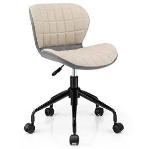 giantex home office desk chair, 360° swivel height adjustable office chair w/pu leather, modern office chair, ergonomic curved wood desk chairs, leather armless task chair for office, beige & grey