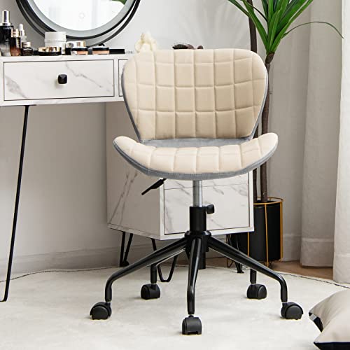 Giantex Home Office Desk Chair, 360° Swivel Height Adjustable Office Chair w/PU Leather, Modern Office Chair, Ergonomic Curved Wood Desk Chairs, Leather Armless Task Chair for Office, Beige & Grey