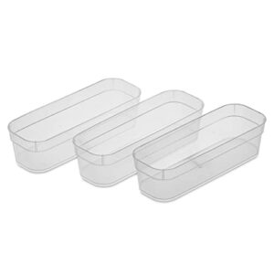 sterilite 2.5 x 7 x 9.75 inch large modern polished plastic storage trays with banded rim for household drawer and shelf organization, set of 3, clear