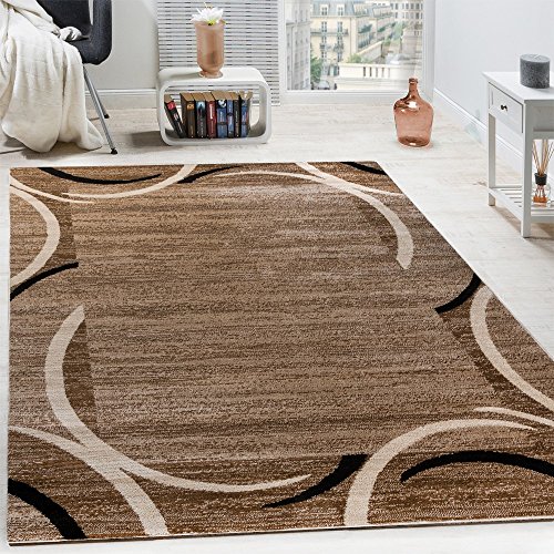 Paco Home Brown Beige Low-Pile Area Rug Modern Border & Semicircle for Living Room, Size: 5'3" x 7'3"