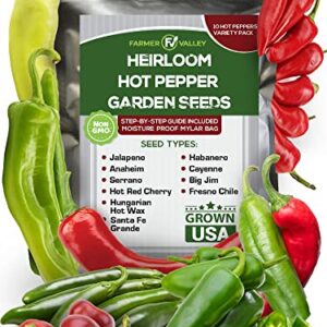 10 Most Popular Hot Peppers Seeds Varieties - USA Grown - 500+ Non-GMO Heirloom Seeds Pack for Planting Home Garden Indoor and Outdoor - Anaheim, Cayenne, Habanero & More