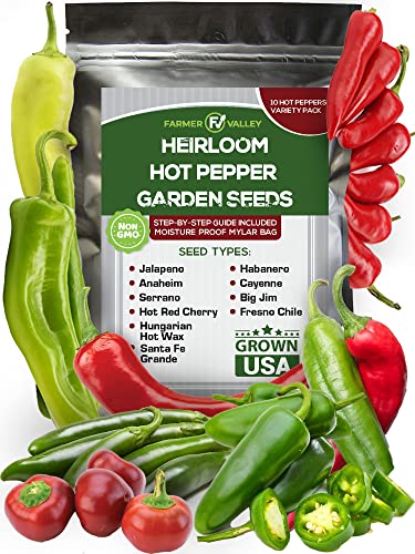 10 Most Popular Hot Peppers Seeds Varieties - USA Grown - 500+ Non-GMO Heirloom Seeds Pack for Planting Home Garden Indoor and Outdoor - Anaheim, Cayenne, Habanero & More