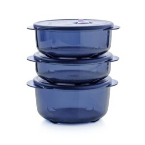 tupperware brand vent ‘n serve container set - 3 small round containers to prep, freeze & reheat meals + lids - dishwasher, microwave & freezer safe - bpa free