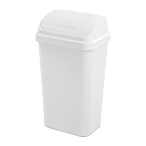 sterilite 13 gallon plastic swing top spave saving flat side lidded wastebasket trash can for kitchen, garage, or workspace, white