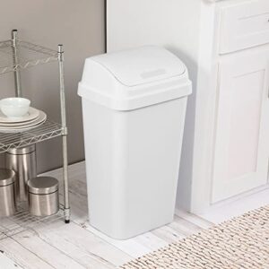 Sterilite 13 Gallon Plastic Swing Top Spave Saving Flat Side Lidded Wastebasket Trash Can for Kitchen, Garage, or Workspace, White