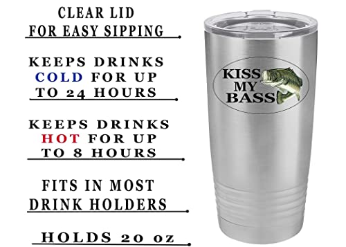 Rogue River Tactical Funny Fishing 20 Oz. Travel Tumbler Mug Cup w/Lid Vacuum Insulated Hot or Cold Kiss My Bass Fishing Gift Fish