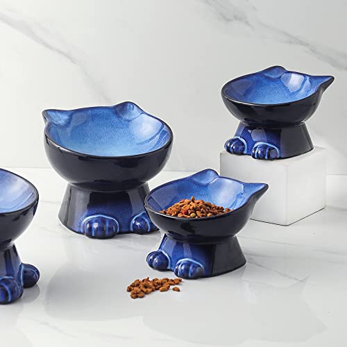 Nihow Elevated Cat/Dog Bowls Set : 5 Inch Ceramic Raised Cat Food and Water Bowl Set for Protecting Pet's Spine - Feeding & Watering Supplies for Pets- Elegant Blue & Black (2PC)