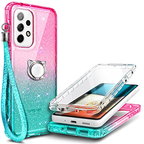 NGB Supremacy Galaxy A53 5G Case, Full Body Protection with [Built-in Screen Protector] Ring Holder/Wrist Strap, Slim Fit Shockproof Bumper Durable Cover for Samsung A53 5G (Glitter Pink/Aqua)