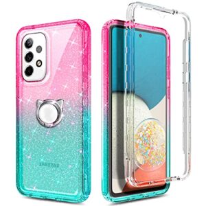 NGB Supremacy Galaxy A53 5G Case, Full Body Protection with [Built-in Screen Protector] Ring Holder/Wrist Strap, Slim Fit Shockproof Bumper Durable Cover for Samsung A53 5G (Glitter Pink/Aqua)