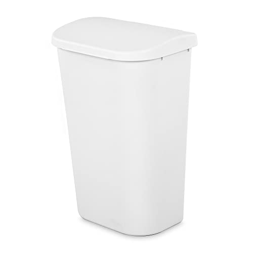 Sterilite 11.3 Gallon D Shape Flat Side Lift Top Lid Wastebasket Trash Can for Kitchen, Home Office, and Garage, or Workspace, White