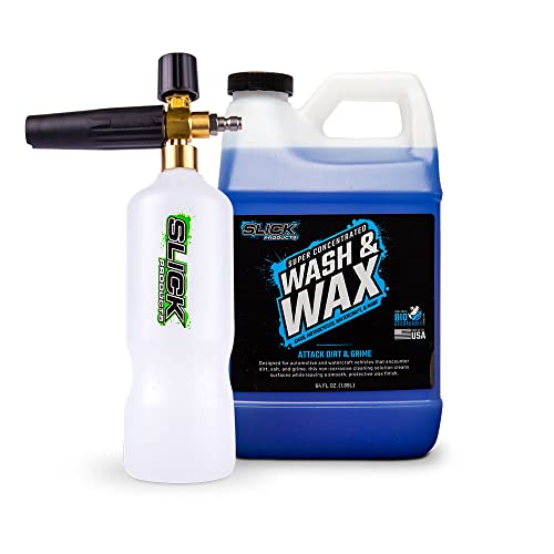 Slick Products Wash & Wax (64 oz.) + Pressure Washer Foam Cannon Bundle - Super Concentrated Car Wash Foam Shampoo for Car, Truck, RV, Motorhome, Toy Hauler, and Boat