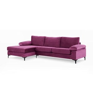 Casa Andrea Milano Modern Large Velvet Fabric Sectional Sofa, L-Shape Couch with Extra Wide Chaise Lounge and Black Legs, Purple