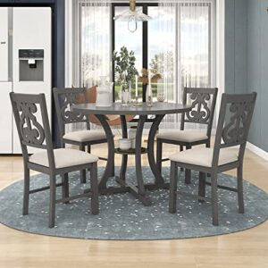 quarte 5-piece retro dining table set, wood round dining table and chair set with special-shaped legs and an exquisitely designed hollow chair back (gray+retro^)