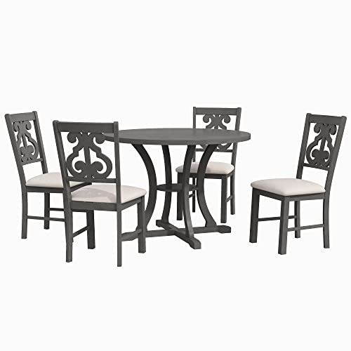 Quarte 5-Piece Retro Dining Table Set, Wood Round Dining Table and Chair Set with Special-Shaped Legs and an Exquisitely Designed Hollow Chair Back (Gray+Retro^)