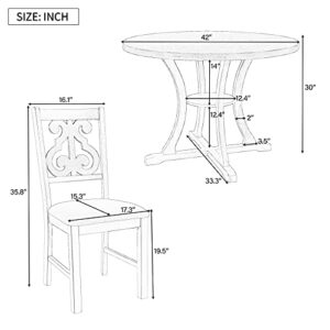 Quarte 5-Piece Retro Dining Table Set, Wood Round Dining Table and Chair Set with Special-Shaped Legs and an Exquisitely Designed Hollow Chair Back (Gray+Retro^)