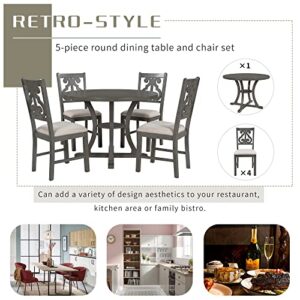 Quarte 5-Piece Retro Dining Table Set, Wood Round Dining Table and Chair Set with Special-Shaped Legs and an Exquisitely Designed Hollow Chair Back (Gray+Retro^)