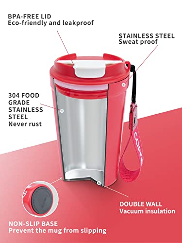 Gr8ware 13oz Travel Coffee Mug with Lid, Leak Proof Coffee Travel Mug for Hot/Iced Drinks, Double Wall, Vacuum Insulation - Red