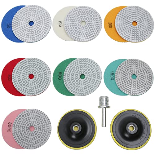 McopKrmo 5 Inch Diamond Grinding Pads for Tile, 10pcs Wet/Dry Diamond Sanding Polishing Sheet Granite Stone Polish Kit for Concrete Marble Countertop Quartz 50#~8000# with Backer Pads Thread 5/8"