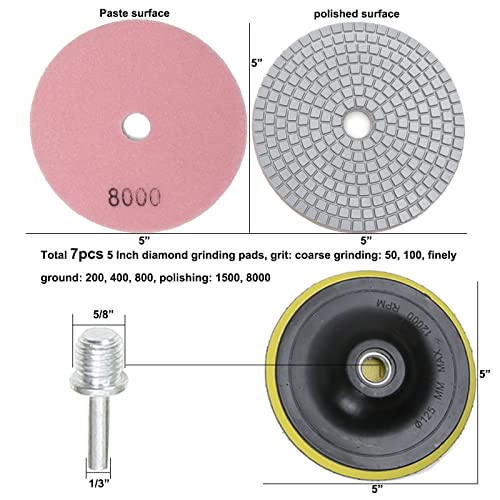 McopKrmo 5 Inch Diamond Grinding Pads for Tile, 10pcs Wet/Dry Diamond Sanding Polishing Sheet Granite Stone Polish Kit for Concrete Marble Countertop Quartz 50#~8000# with Backer Pads Thread 5/8"