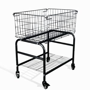 rolling laundry basket on wheels,garment storage cart,black metal basket with wheels, color black,garment metal rack(1, black)