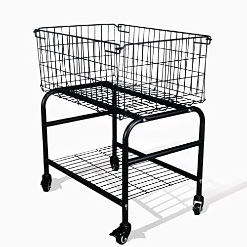 Rolling Laundry Basket on Wheels,Garment Storage Cart,Black Metal Basket with wheels, Color Black,Garment Metal Rack(1, Black)