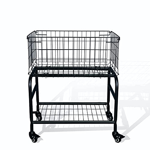 Rolling Laundry Basket on Wheels,Garment Storage Cart,Black Metal Basket with wheels, Color Black,Garment Metal Rack(1, Black)