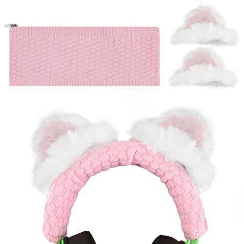 Geekria NOVA Knit Fabric Headband Cover + Cat Ears Attachment Compatible with Razer, SteelSeries, HyperX, Sennheiser, Astro, Sony, Logitech, ATH Headphones, Easy DIY Installation (Pink)