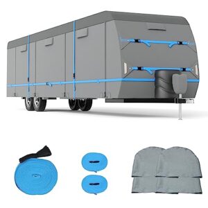 tuszom 7 layers travel trailer rv cover 26' - 28'6" waterproof anti-uv camper cover for winter snow - reinforced windproof tearproof with 13 straps jack cover 4 tire covers and gutter covers