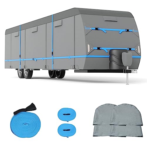 Tuszom 7 Layers Travel Trailer RV Cover 26' - 28'6" Waterproof Anti-UV Camper Cover for Winter Snow - Reinforced Windproof Tearproof with 13 Straps Jack Cover 4 Tire Covers and Gutter Covers