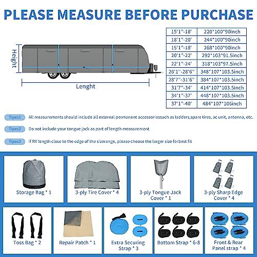 Tuszom 7 Layers Travel Trailer RV Cover 26' - 28'6" Waterproof Anti-UV Camper Cover for Winter Snow - Reinforced Windproof Tearproof with 13 Straps Jack Cover 4 Tire Covers and Gutter Covers