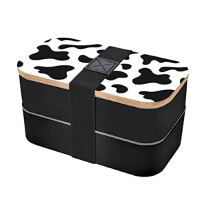 Ykklima Cowhide Milk Cow Print Bento Lunch Box for Adult Kids, 2 layer Meal Prep Food Containers Leakproof Wooden Lid Utensils for Men Women, Microwave Dishwasher freezer Safe Black