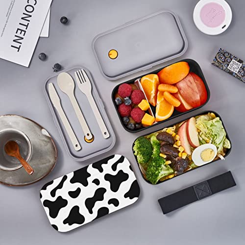 Ykklima Cowhide Milk Cow Print Bento Lunch Box for Adult Kids, 2 layer Meal Prep Food Containers Leakproof Wooden Lid Utensils for Men Women, Microwave Dishwasher freezer Safe Black