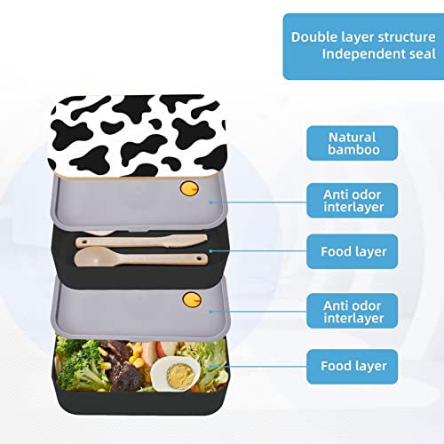 Ykklima Cowhide Milk Cow Print Bento Lunch Box for Adult Kids, 2 layer Meal Prep Food Containers Leakproof Wooden Lid Utensils for Men Women, Microwave Dishwasher freezer Safe Black