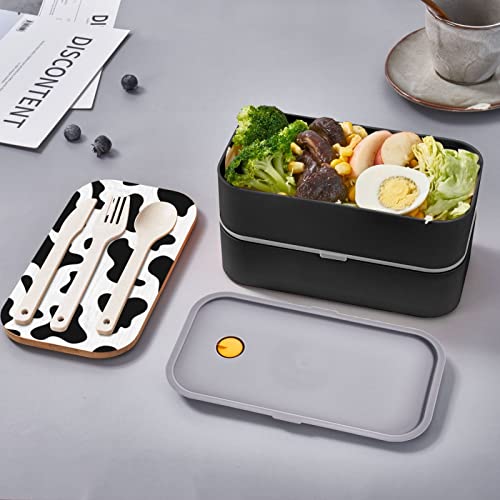 Ykklima Cowhide Milk Cow Print Bento Lunch Box for Adult Kids, 2 layer Meal Prep Food Containers Leakproof Wooden Lid Utensils for Men Women, Microwave Dishwasher freezer Safe Black