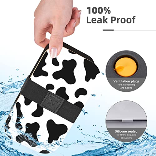 Ykklima Cowhide Milk Cow Print Bento Lunch Box for Adult Kids, 2 layer Meal Prep Food Containers Leakproof Wooden Lid Utensils for Men Women, Microwave Dishwasher freezer Safe Black