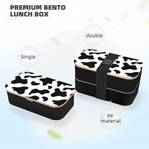 Ykklima Cowhide Milk Cow Print Bento Lunch Box for Adult Kids, 2 layer Meal Prep Food Containers Leakproof Wooden Lid Utensils for Men Women, Microwave Dishwasher freezer Safe Black