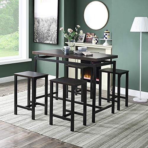 Bar Table and Chairs Set, Kitchen Dining Table Set, 5 Piece Dining Set Wood and Metal Pub Table with 4 Bar Stools, Dining Table Set Home Kitchen Breakfast Table (Espresso +Black)