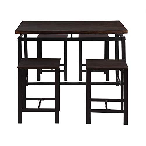 Bar Table and Chairs Set, Kitchen Dining Table Set, 5 Piece Dining Set Wood and Metal Pub Table with 4 Bar Stools, Dining Table Set Home Kitchen Breakfast Table (Espresso +Black)