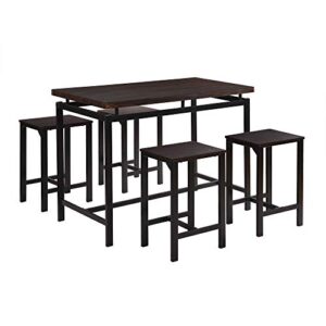 Bar Table and Chairs Set, Kitchen Dining Table Set, 5 Piece Dining Set Wood and Metal Pub Table with 4 Bar Stools, Dining Table Set Home Kitchen Breakfast Table (Espresso +Black)