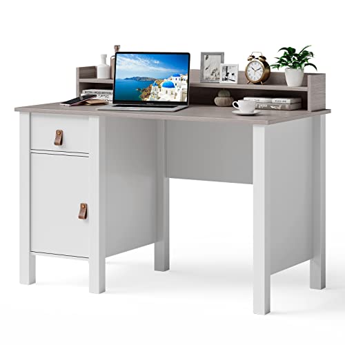 Tangkula White Computer Desk with Storage Drawer & Cabinet, Wood Home Office Desk with Hutch, 48 Inch Vintage Desk for Bedroom with Adjustable Inner Shelf, Executive Desk Study Desk, Vanity Desk