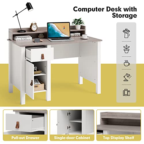 Tangkula White Computer Desk with Storage Drawer & Cabinet, Wood Home Office Desk with Hutch, 48 Inch Vintage Desk for Bedroom with Adjustable Inner Shelf, Executive Desk Study Desk, Vanity Desk