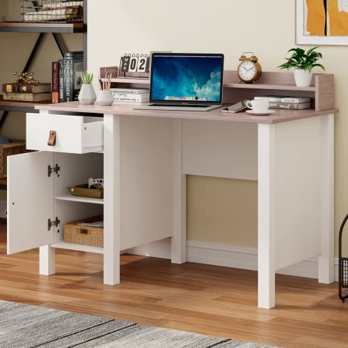 Tangkula White Computer Desk with Storage Drawer & Cabinet, Wood Home Office Desk with Hutch, 48 Inch Vintage Desk for Bedroom with Adjustable Inner Shelf, Executive Desk Study Desk, Vanity Desk