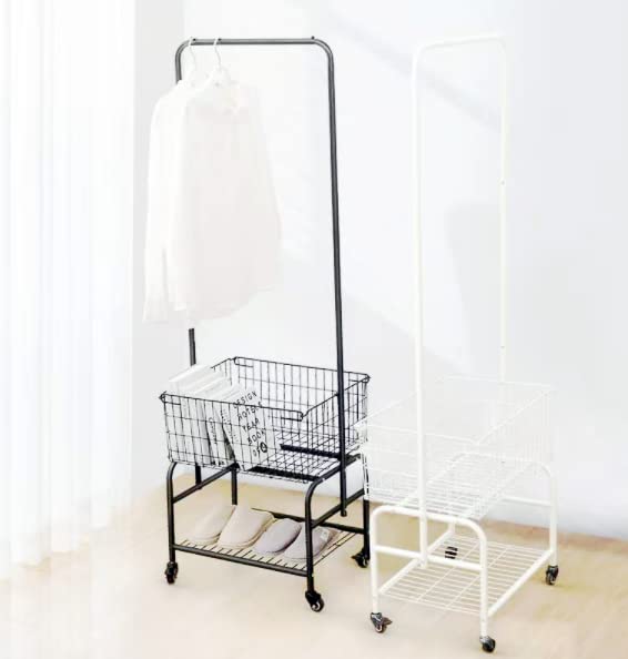 Rolling Laundry Basket with Wheels,Clothing Rack for Garment Hanger,Storage Metal Cart, White Color, Large Capacity Room Organization,Metal Movabel Laudry Basket, (White)