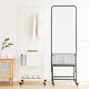 Rolling Laundry Basket with Wheels,Clothing Rack for Garment Hanger,Storage Metal Cart, White Color, Large Capacity Room Organization,Metal Movabel Laudry Basket, (White)