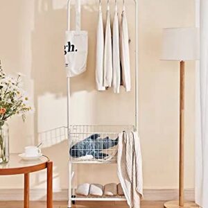 Rolling Laundry Basket with Wheels,Clothing Rack for Garment Hanger,Storage Metal Cart, White Color, Large Capacity Room Organization,Metal Movabel Laudry Basket, (White)