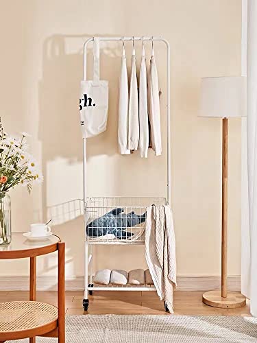 Rolling Laundry Basket with Wheels,Clothing Rack for Garment Hanger,Storage Metal Cart, White Color, Large Capacity Room Organization,Metal Movabel Laudry Basket, (White)